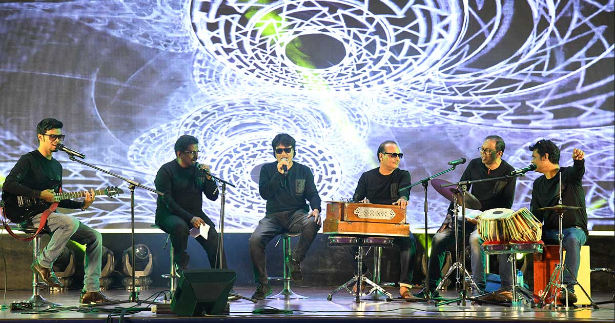 Musical performance by six musicians on stage during Children's Day 2023 Celebrations at JIRS.