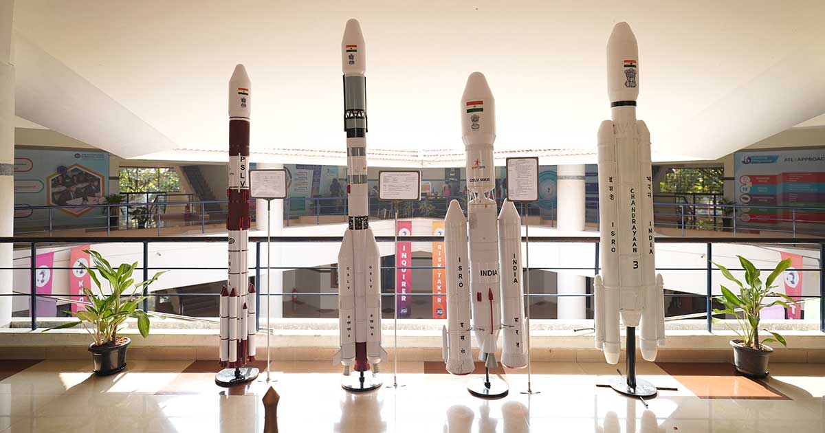 Model rockets displayed at Afflatus 2023, showcasing India's space missions and achievements.