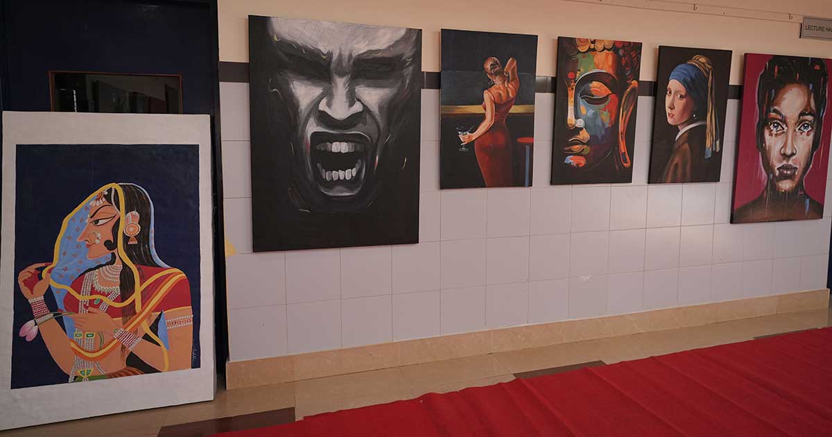 Artworks displayed at Afflatus 2023, showcasing diverse styles and themes in painting.